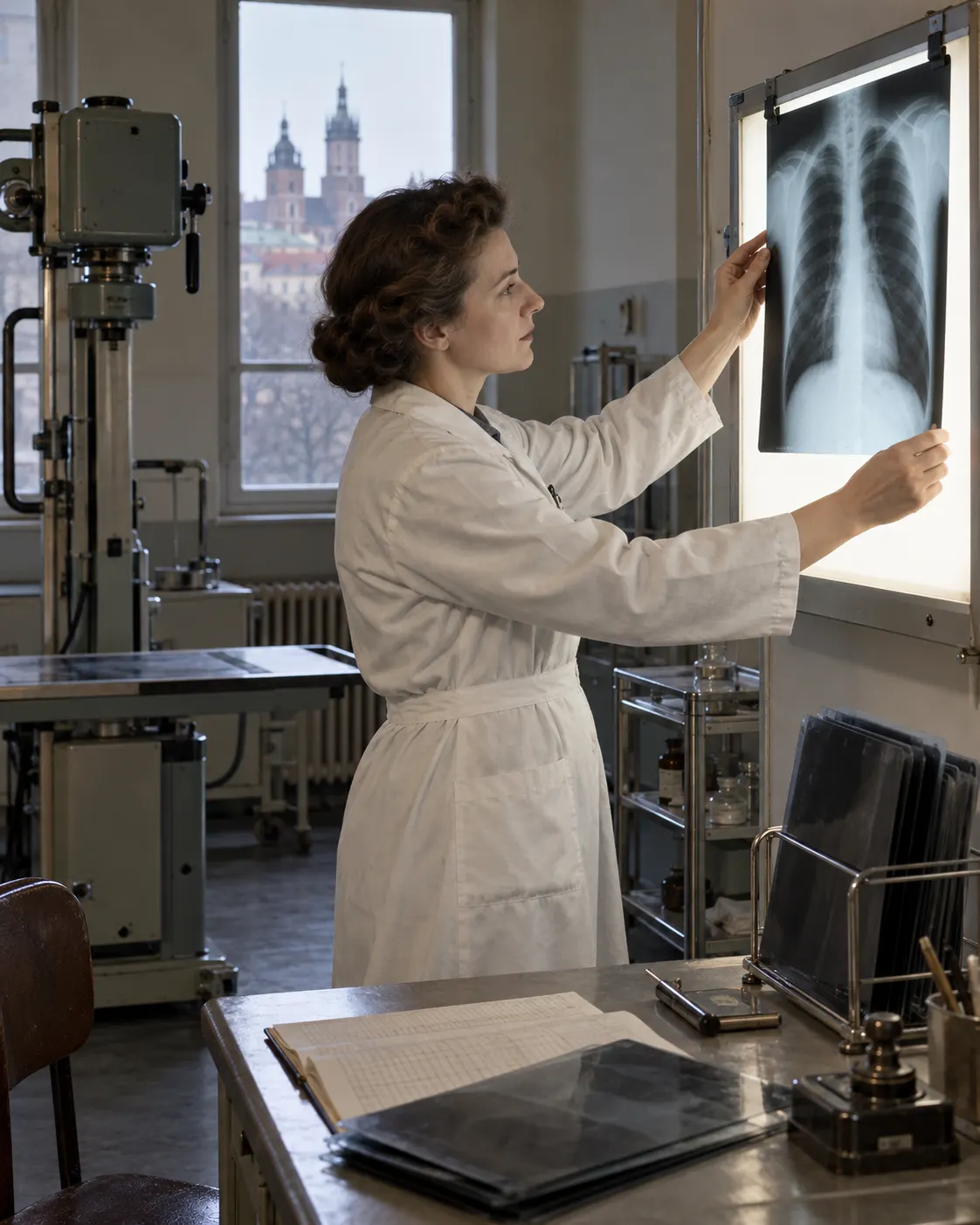 AI-generated reconstruction of an anonymous woman radiologist examining an X-ray, illustrating Barbara Lem’s profession.