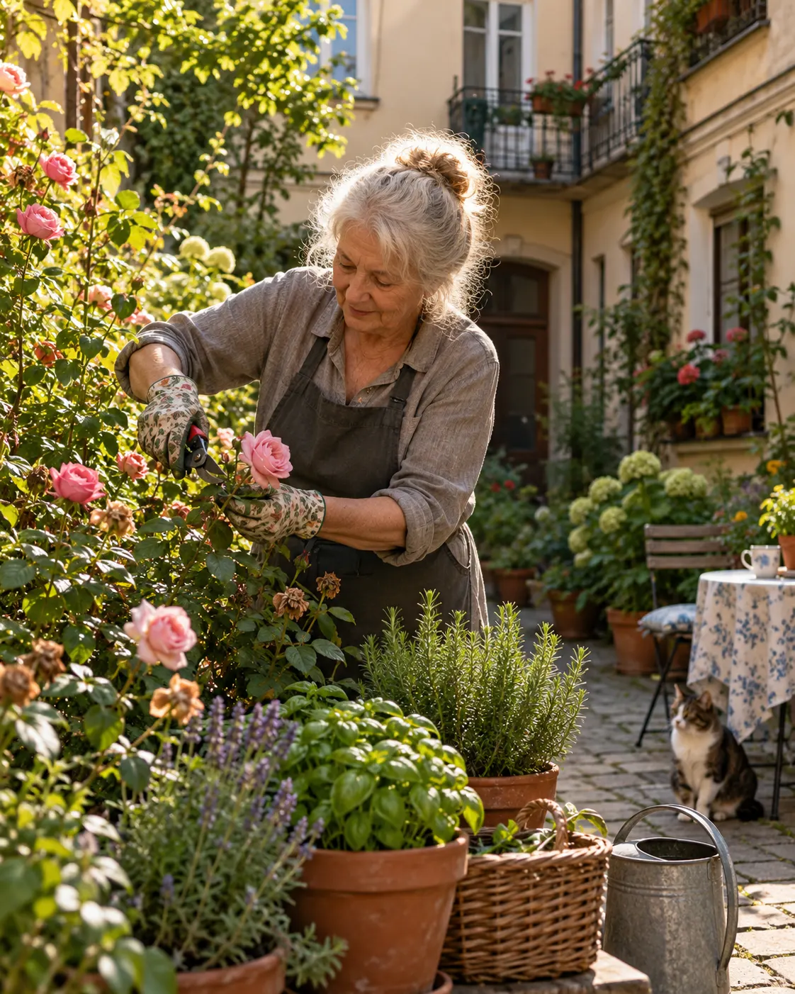 AI-generated reconstruction of an anonymous older woman tending a courtyard garden, evoking Barbara Lem’s retirement interest.