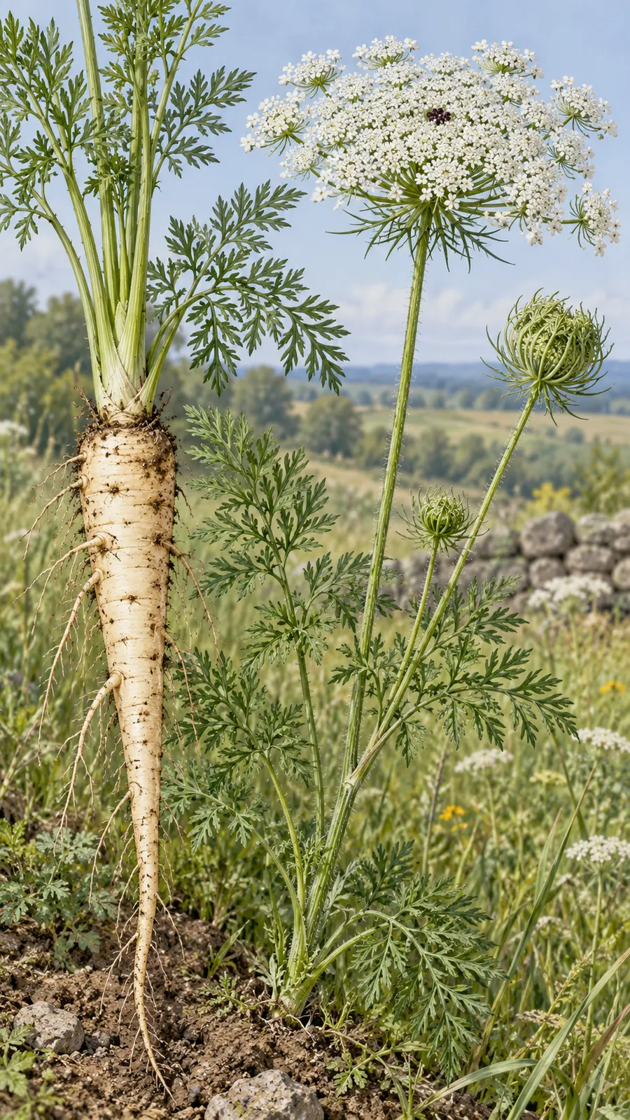 AI-generated field-guide illustration of a pale-rooted wild carrot; illustrative, not documentary evidence.