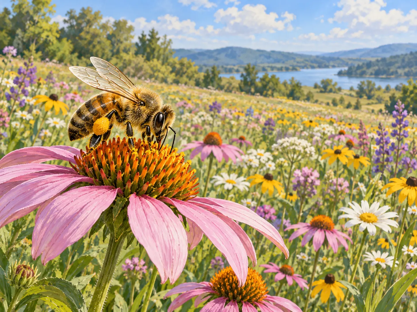 AI-generated educational illustration of a honeybee visiting a flower. Created 2026-10-13 using OpenAI image generation. No external source, creator, or reuse license. Not a documentary photograph or depiction of a measured foraging trip; disclosed in post.