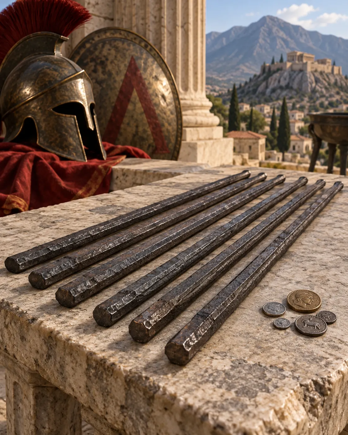 AI-generated symbolic scene of iron rods and ordinary coins in an ancient Greek setting, illustrating the Spartan iron-money tradition. Not a documented Spartan artifact. Generated with OpenAI image generation; no external source or reuse license applies.