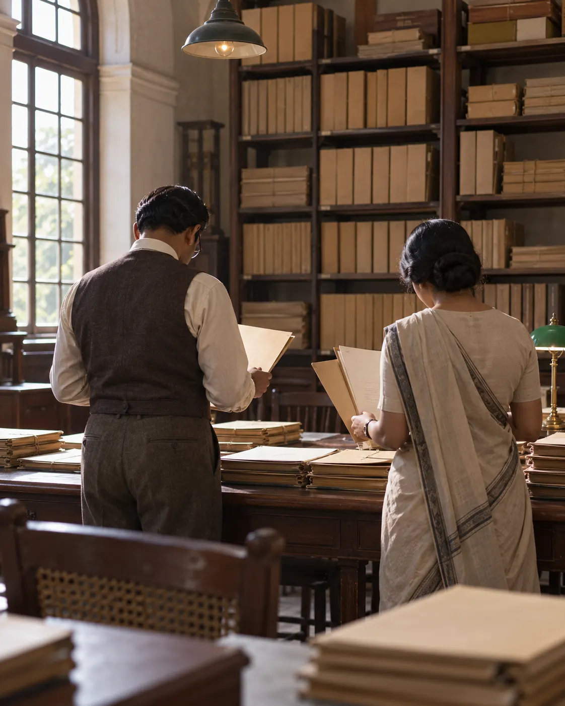 AI-generated fictional scene of two anonymous archivists reviewing blank folders in a 1940s Indian reading room; neither is Gandhi or Nobel personnel, and no real nomination files are depicted. Prompt: “Photorealistic vertical 4:5 editorial historical illustration about archival records of public figures' nominations: two anonymous archivists seen from behind reviewing plain blank folders in a quiet 1940s Indian reading room, with shelves and soft daylight. Fictional generic scene, not Gandhi or actual Nobel personnel, no real records. No readable writing, names, logos, medals or flags.” Generated 19 October 2026.
