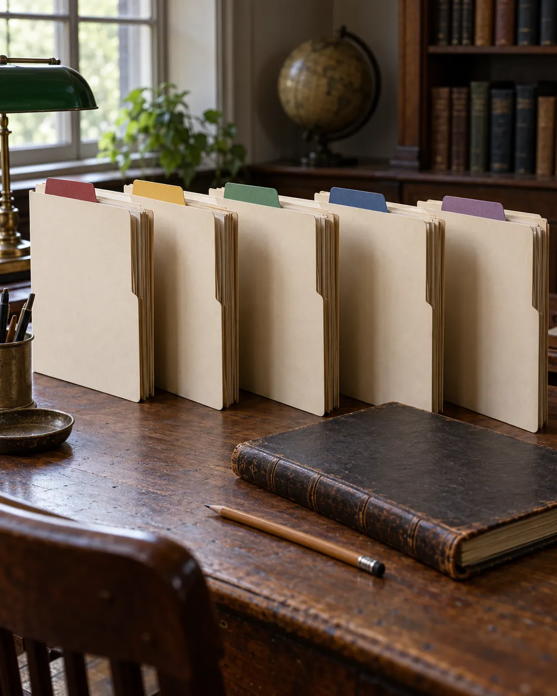 AI-generated symbolic still life of five plain archival folders with different colored tabs, representing the five years Gandhi was nominated; no actual Nobel nomination records are shown. Prompt: “Photorealistic vertical 4:5 editorial still life about repeated annual nominations across a decade: a row of five plain blank archival folders with distinct colored tabs, arranged across an old wooden desk beside a closed ledger and pencil. Generic records only; no actual Nobel nomination papers. No readable text, numbers, names, logos, portraits, medals or flags.” Generated 19 October 2026.