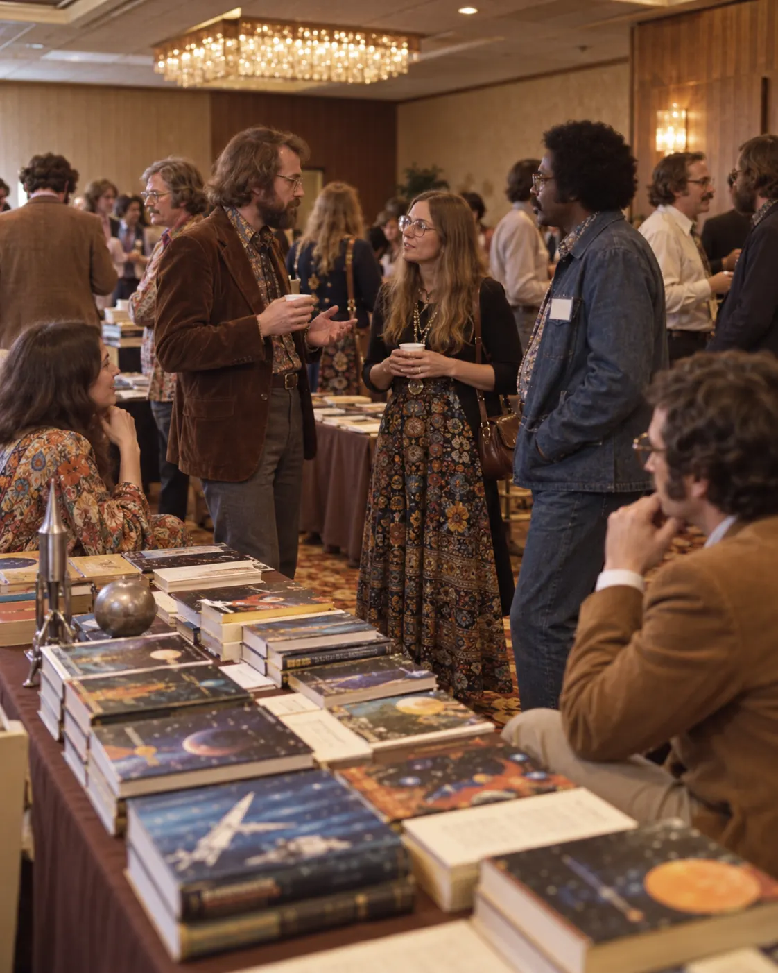 AI-generated editorial reconstruction of a generic 1970s science-fiction writers’ gathering, not an SFWA event photo.