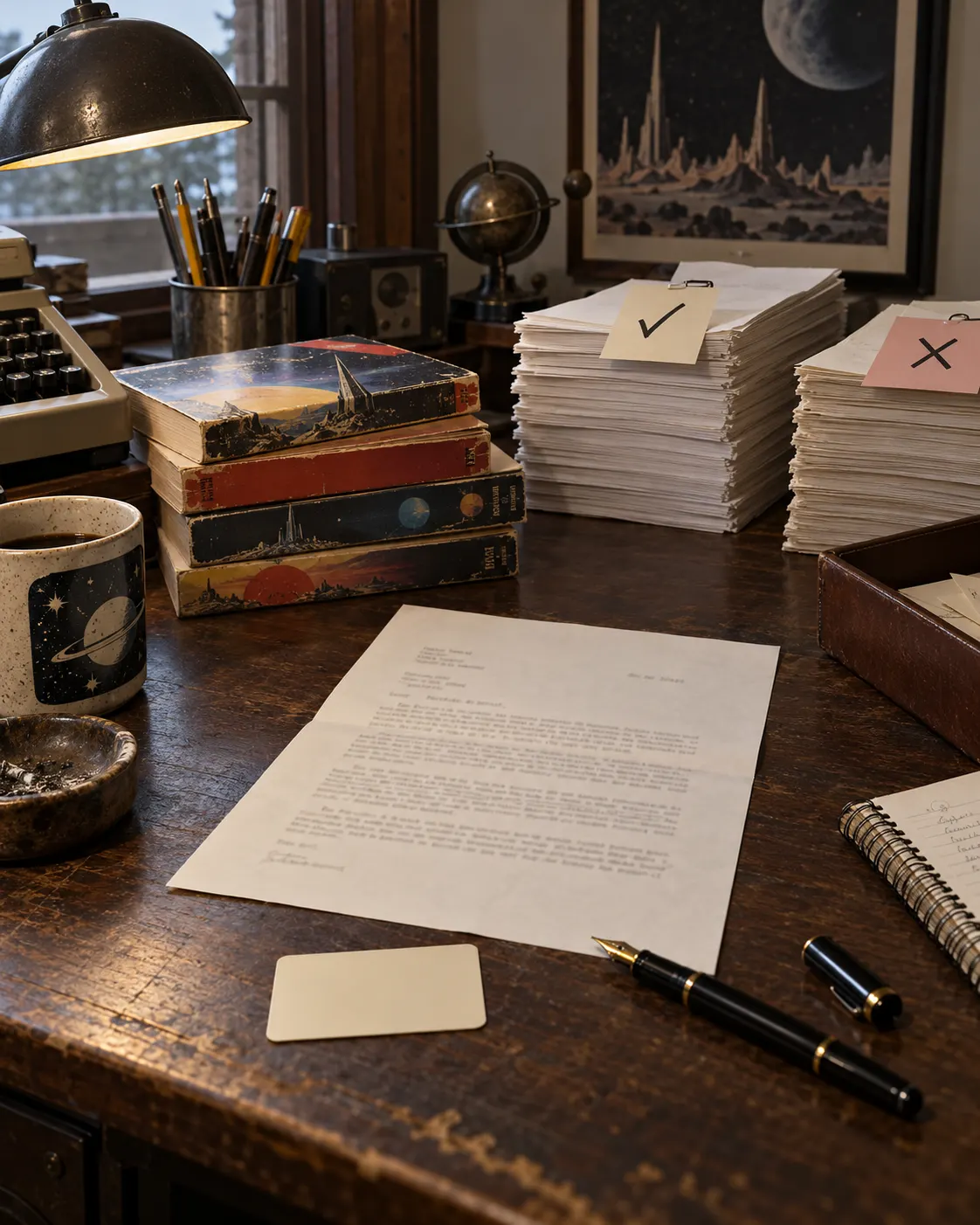 AI-generated symbolic still life of a typewritten letter and unmarked membership card among science-fiction books, evoking the disputed membership decision.