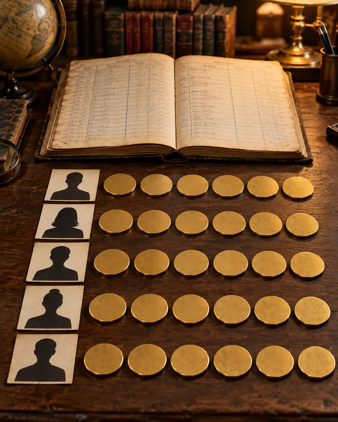 AI-generated cover: archival ledger, silhouette cards, and repeated plain brass discs to illustrate awards versus unique people. Generated 19 October 2026. Prompt: “Photorealistic vertical 4:5 editorial cover about Nobel laureate totals depending on how records are counted. Show an archival ledger and six plain blank brass discs with absolutely no portraits, profiles, lettering, symbols, or award designs, arranged in repeat rows beside five simple human silhouette cards, illustrating multiple entries versus unique people. Warm historical library desk, soft focused light, no readable text, no logos, no recognizable award.”