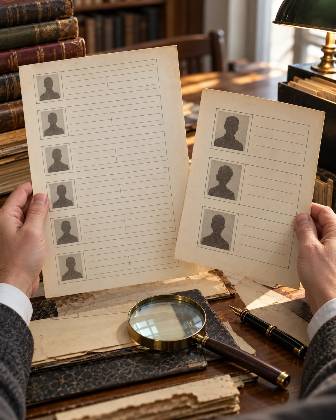 AI-generated conceptual illustration of archival entries compared with distinct people. Generated 19 October 2026. Prompt: “Photorealistic editorial still life, vertical 4:5: a researcher’s hands comparing two archival catalog pages, one page showing repeated blank award-entry rows and another a smaller set of unique blank person cards. A magnifying glass, fountain pen, archival paper, soft library light. Conceptual illustration of counting records versus distinct people, all text fully absent or unreadable, no logos, no awards branding.”