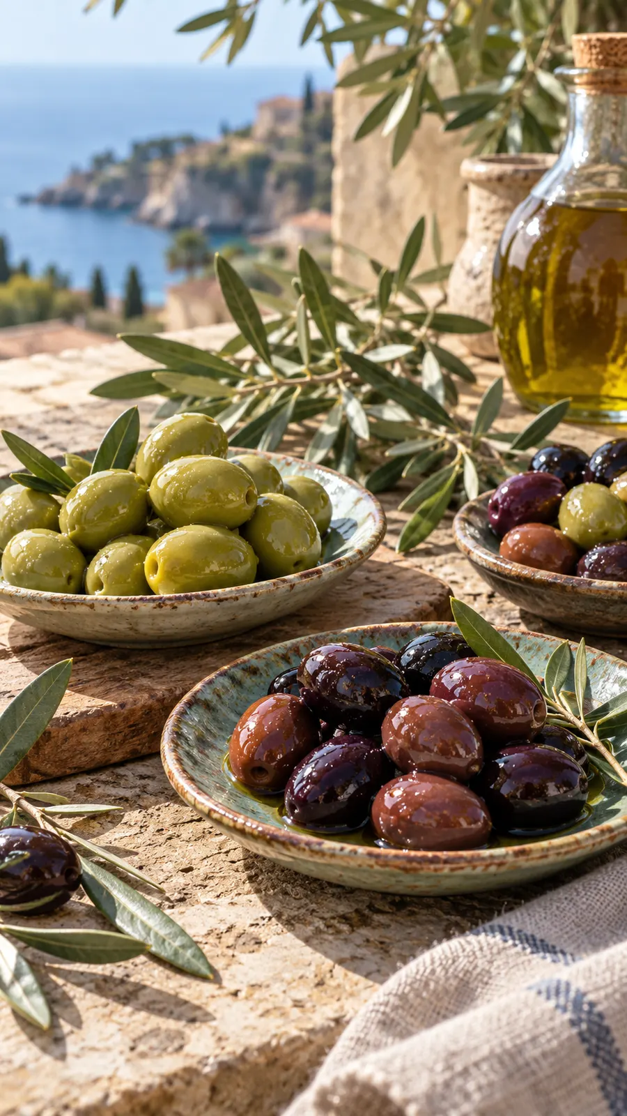 AI-generated comparison of green and naturally ripe dark olives; illustrative. Origin: OpenAI image generation, 2026-10-25.