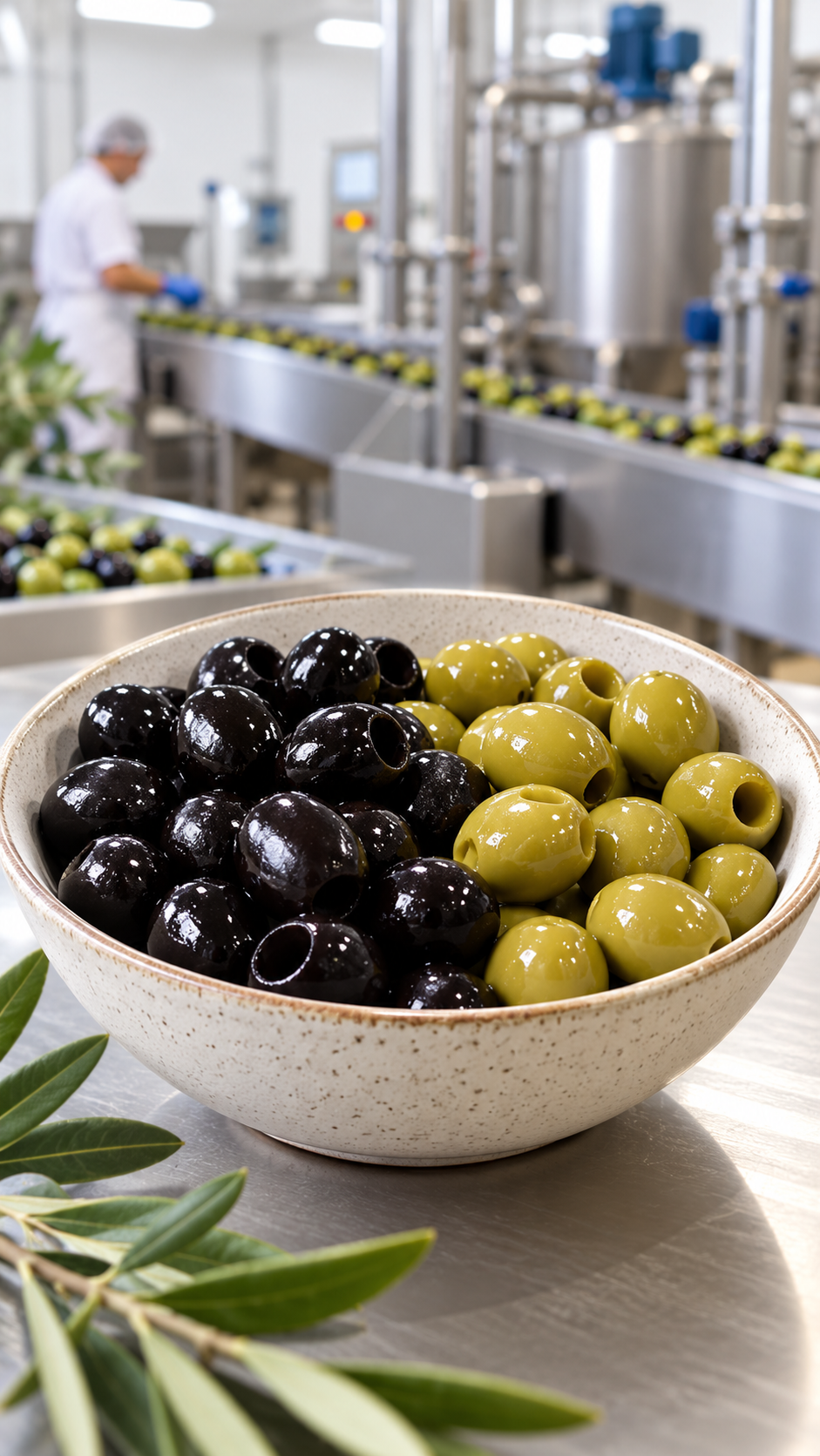 AI-generated food processing illustration showing dark olives; not a product label or documentary processing image. Origin: OpenAI image generation, 2026-10-25.