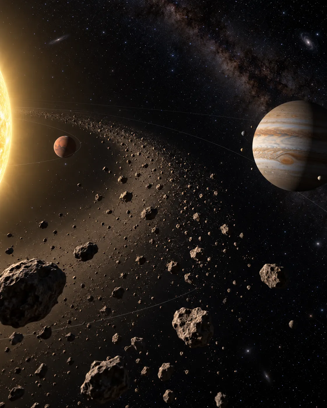 AI-generated scientific editorial illustration of the main asteroid belt between Mars and Jupiter.