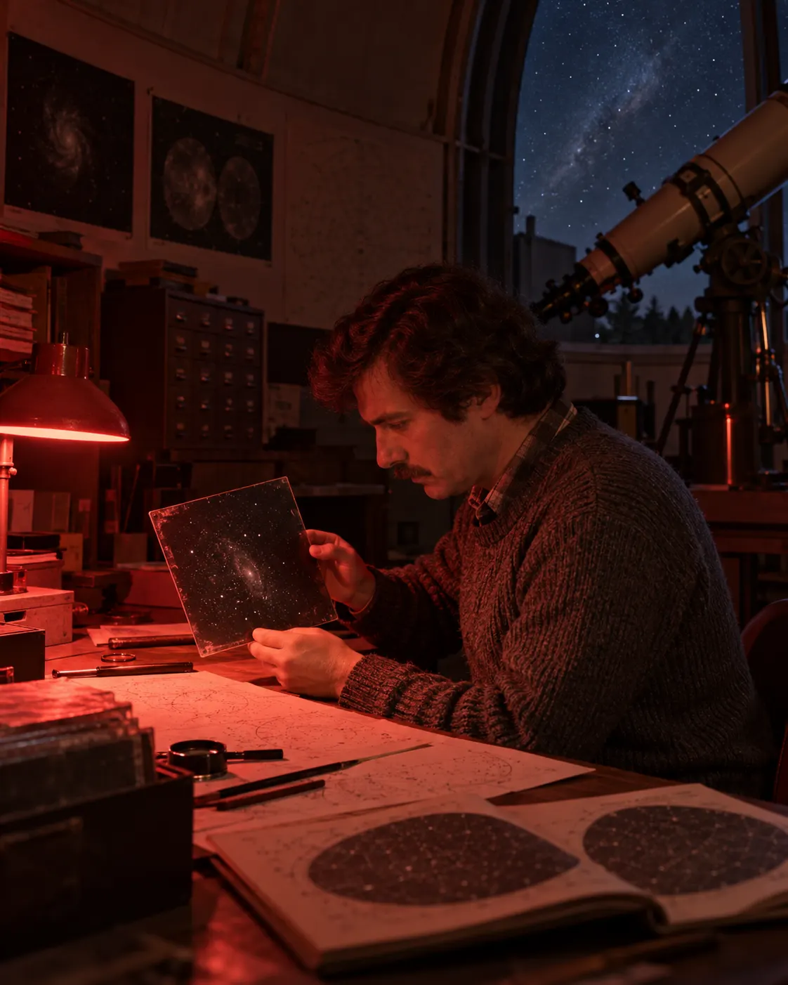 AI-generated editorial reconstruction of a late-1970s astronomer examining a photographic plate at an observatory; not a portrait of Nikolai Chernykh.