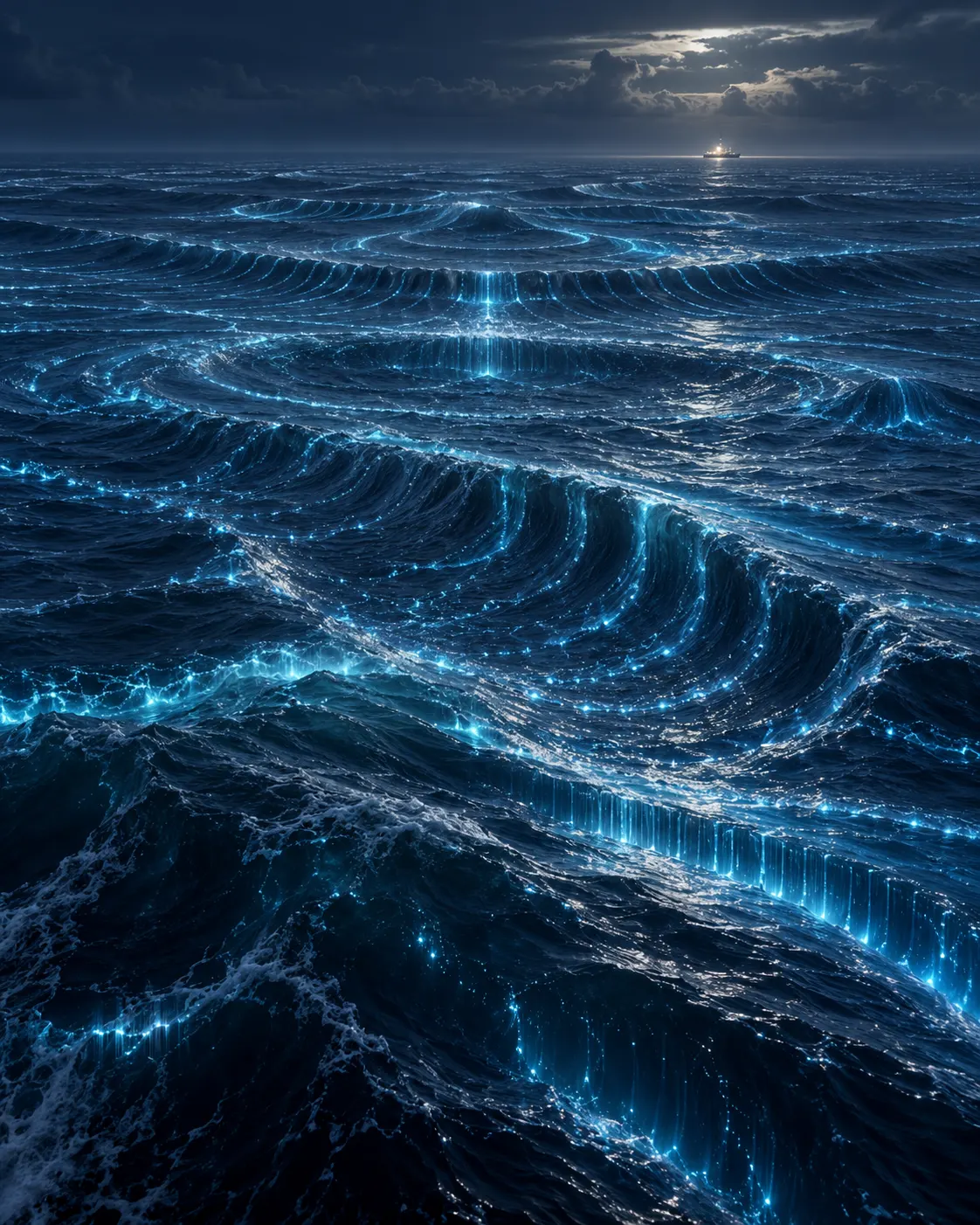 AI-generated conceptual illustration of complex patterns in Solaris’s ocean, suggesting responses while leaving its nature unknown.