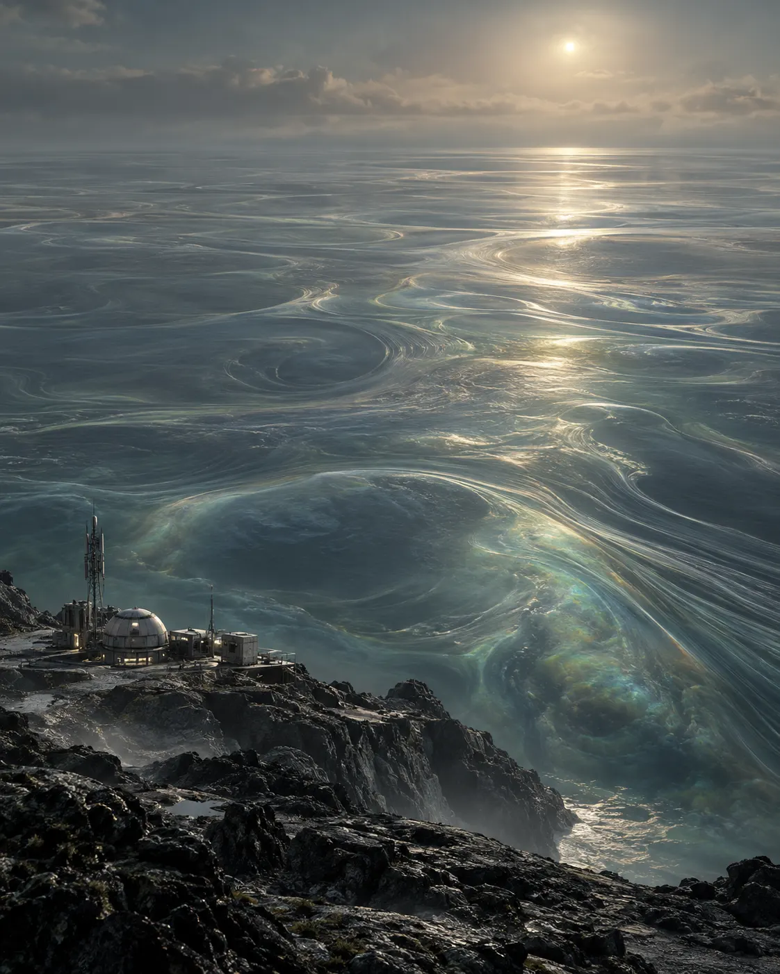 Титульна AI-згенерована ілюстрація / AI-generated cover illustration. A vast ocean covers an imagined alien planet with a small research station for scale; the scene evokes the uncertain possible intelligence of Solaris’s ocean.