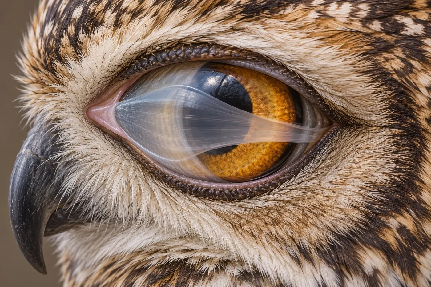 AI-generated close-up reconstruction of a translucent membrane sweeping across an owl's eye.