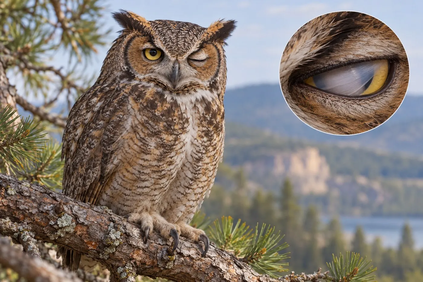 AI-generated illustrative scene combining a resting owl and an inset-like view of its nictitating membrane.