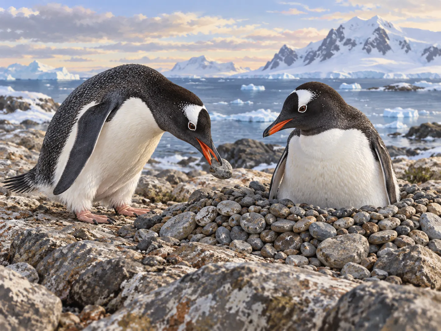 AI-generated educational illustration of two gentoo penguins at a pebble nest, one placing a stone nearby. Created 2026-10-13 with OpenAI image generation. No external creator, source URL, or reuse license. Not documentary evidence; disclosed in the post.