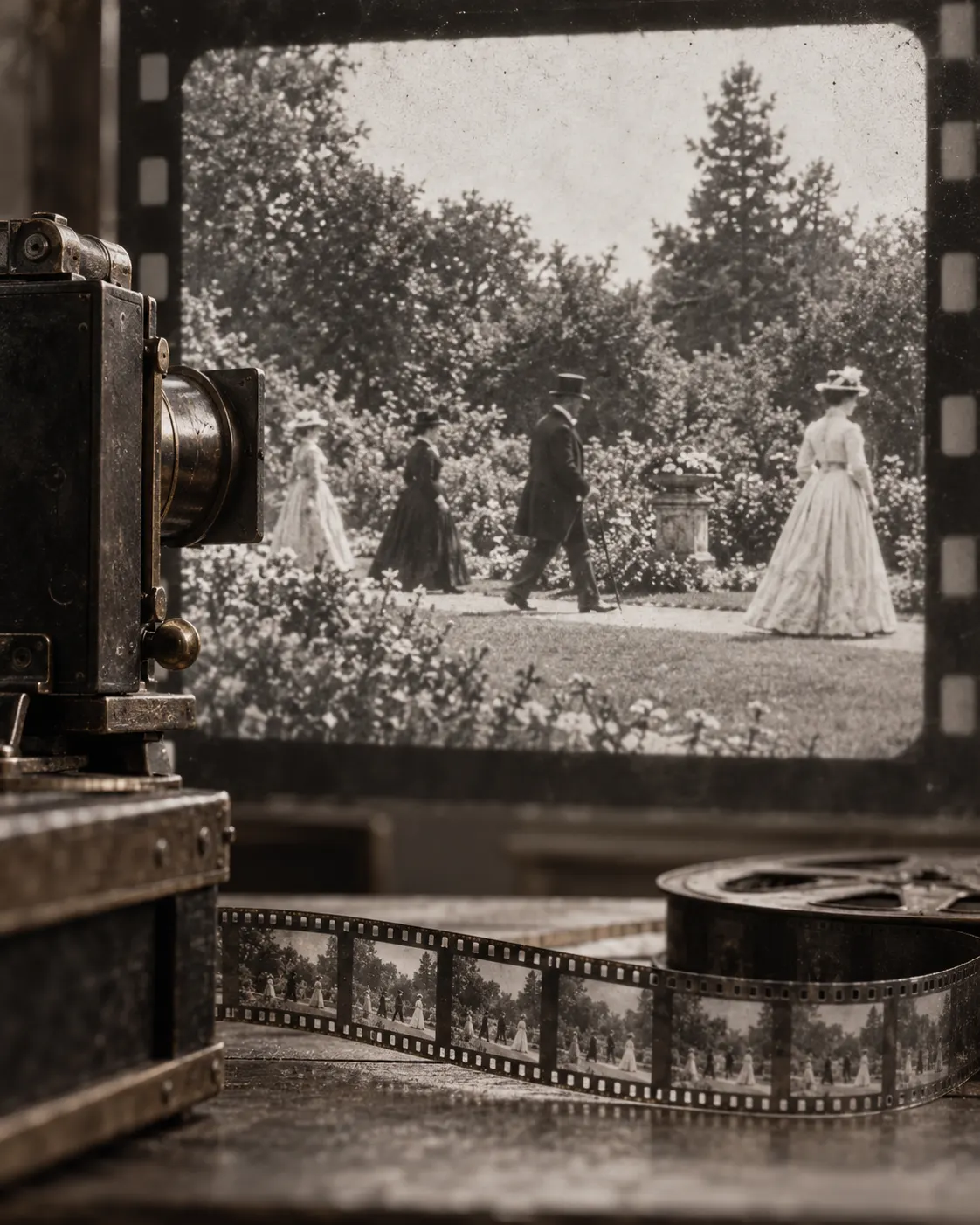 AI-generated symbolic recreation of a Victorian garden film scene; it is not an archival frame from Roundhay Garden Scene.