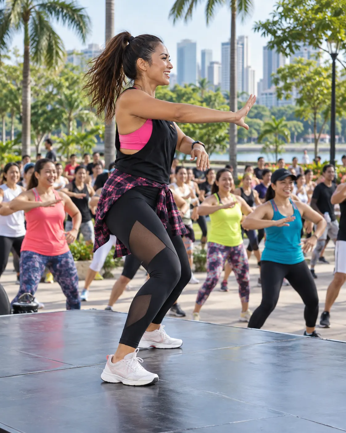 AI-generated fictional instructor leading an outdoor group fitness dance class; not the Mandaluyong event. Prompt: “Photorealistic vertical 4:5 editorial action photograph of a fictional Zumba instructor leading energetic dance steps on a small outdoor stage, seen from the side with a diverse crowd following in the background. Tropical city park in daylight. Generic fitness class, not the Mandaluyong 2015 record event. No logos, banners, text or numbers.” Generated 20 October 2026.