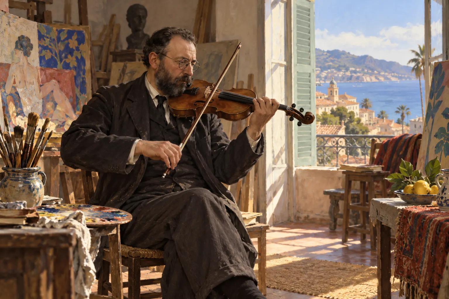 AI-generated illustrative reconstruction of a painter practising violin in a Nice studio; not a documentary depiction of Matisse.