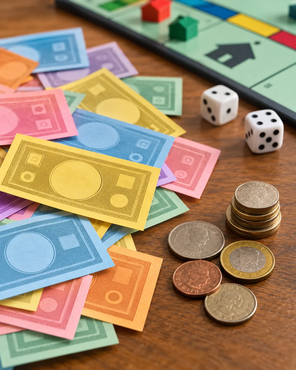 AI-generated symbolic still life comparing generic colorful board-game notes with real-world coins. No Monopoly trademark or actual game note is depicted. Generated with OpenAI image generation; no external source or reuse license applies.