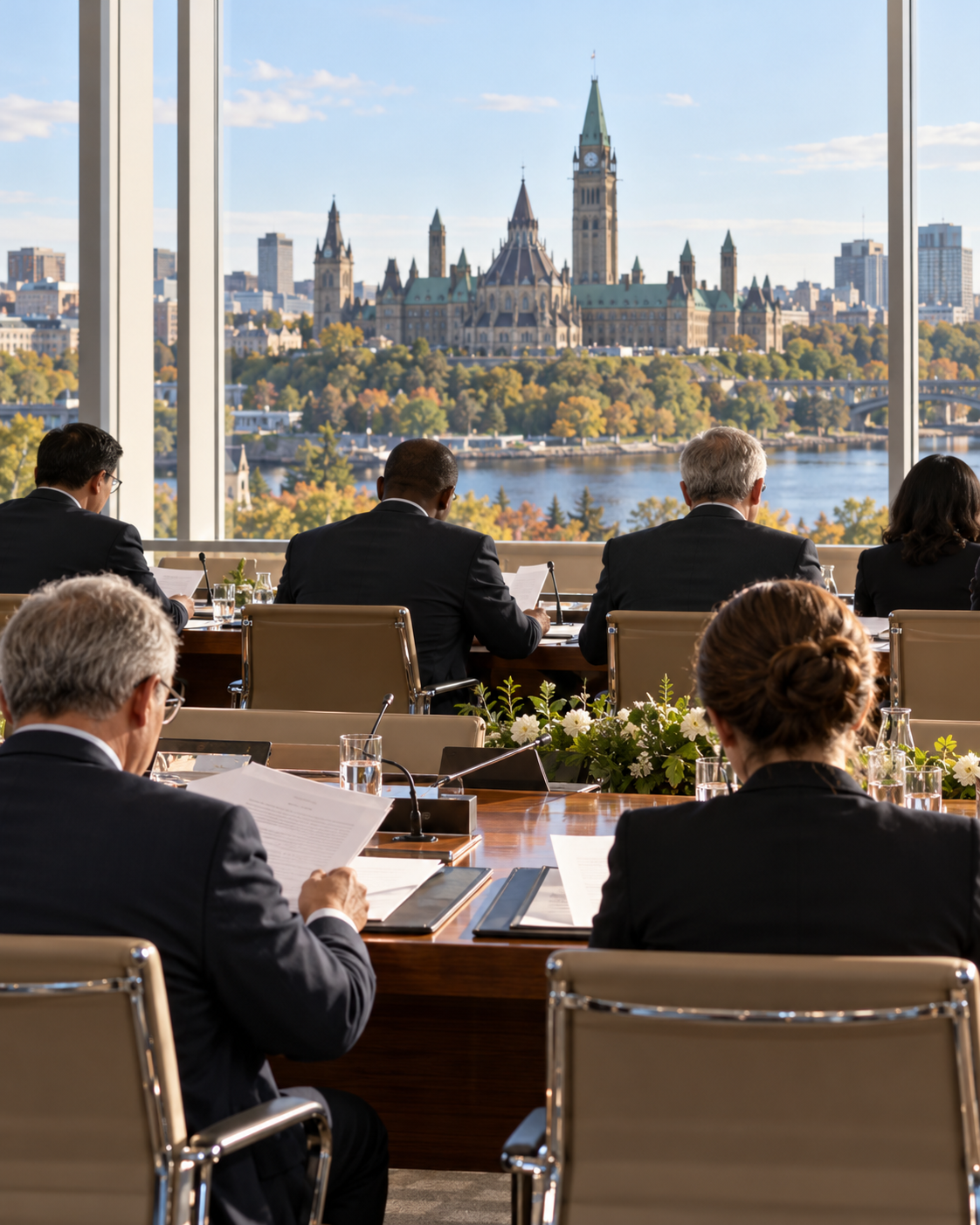 AI-generated with OpenAI image generation. Prompt: “Photorealistic editorial scene for a history article about international disarmament diplomacy. Delegates seen from behind at a bright conference hall reviewing papers at a long table, with a large window overlooking Ottawa-like civic architecture; no readable text, no recognizable people, no weapons, no mines, no logos or flags. Calm documentary style, portrait 4:5 framing.”