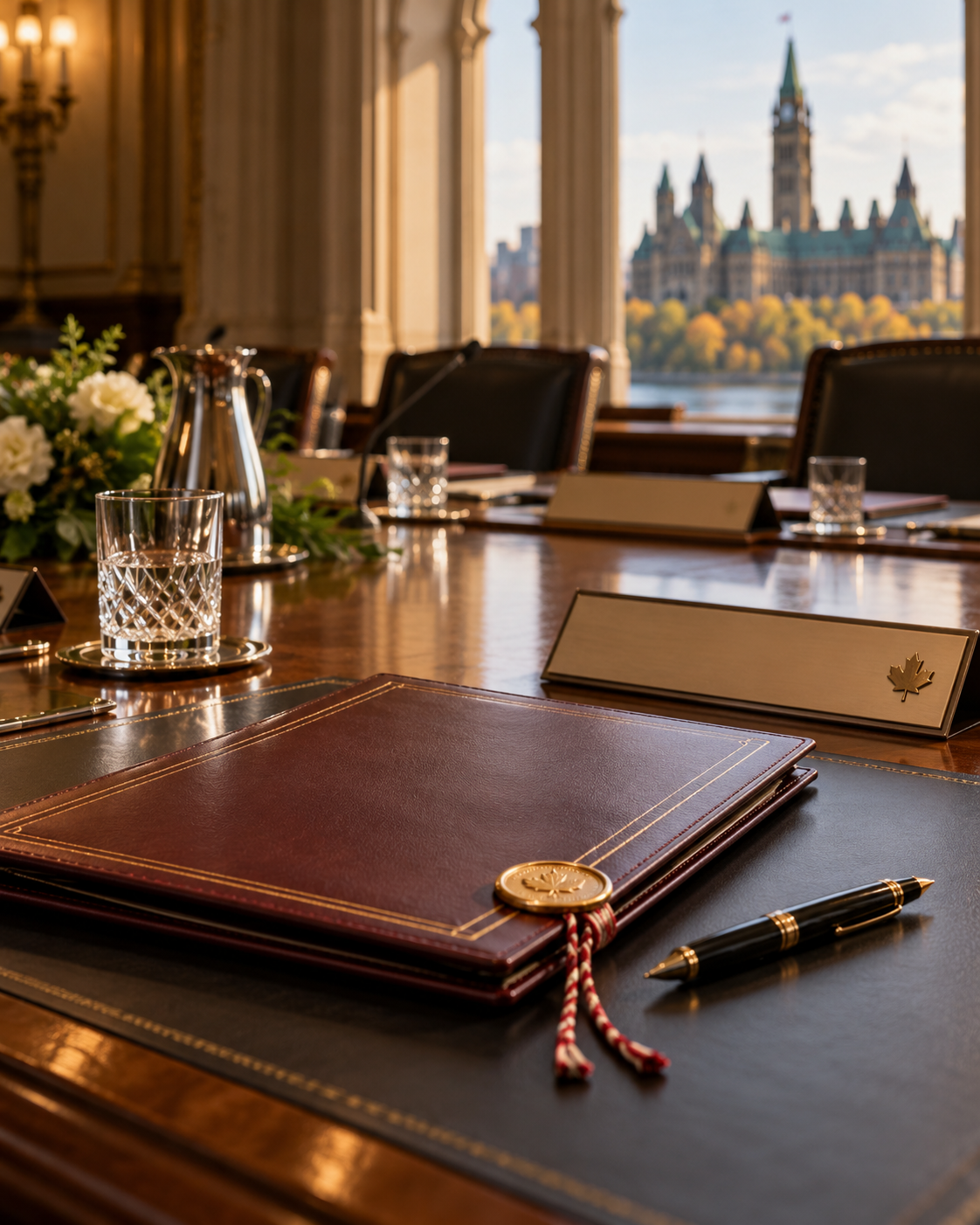 AI-generated with OpenAI image generation. Prompt: “Photorealistic editorial cover for a historical article about the 1997 Ottawa anti-personnel mine ban treaty. A diplomatic conference table with a closed treaty folder, fountain pen, and a small maple leaf motif on a delegate's nameplate, no legible text, no weapons or mines, no flags, no visible people. Warm archival documentary lighting, portrait 4:5.”