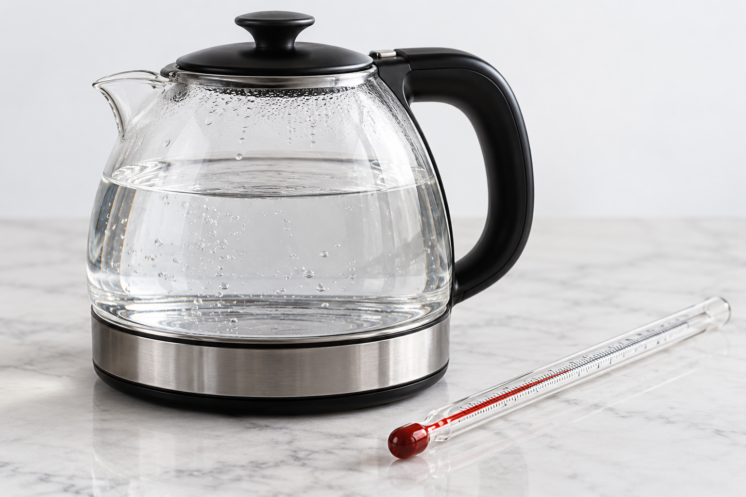 AI-generated glass kettle with water and thermometer. OpenAI image generation, 2026-10-28. Prompt: Photorealistic educational still life of a glass kettle with clear water and a laboratory thermometer resting beside it, clean pale background, visualizing a water-heating energy calculation, no person, no flame, no numbers, no text, no labels, no logos, no watermark, no collage. Illustrative only.