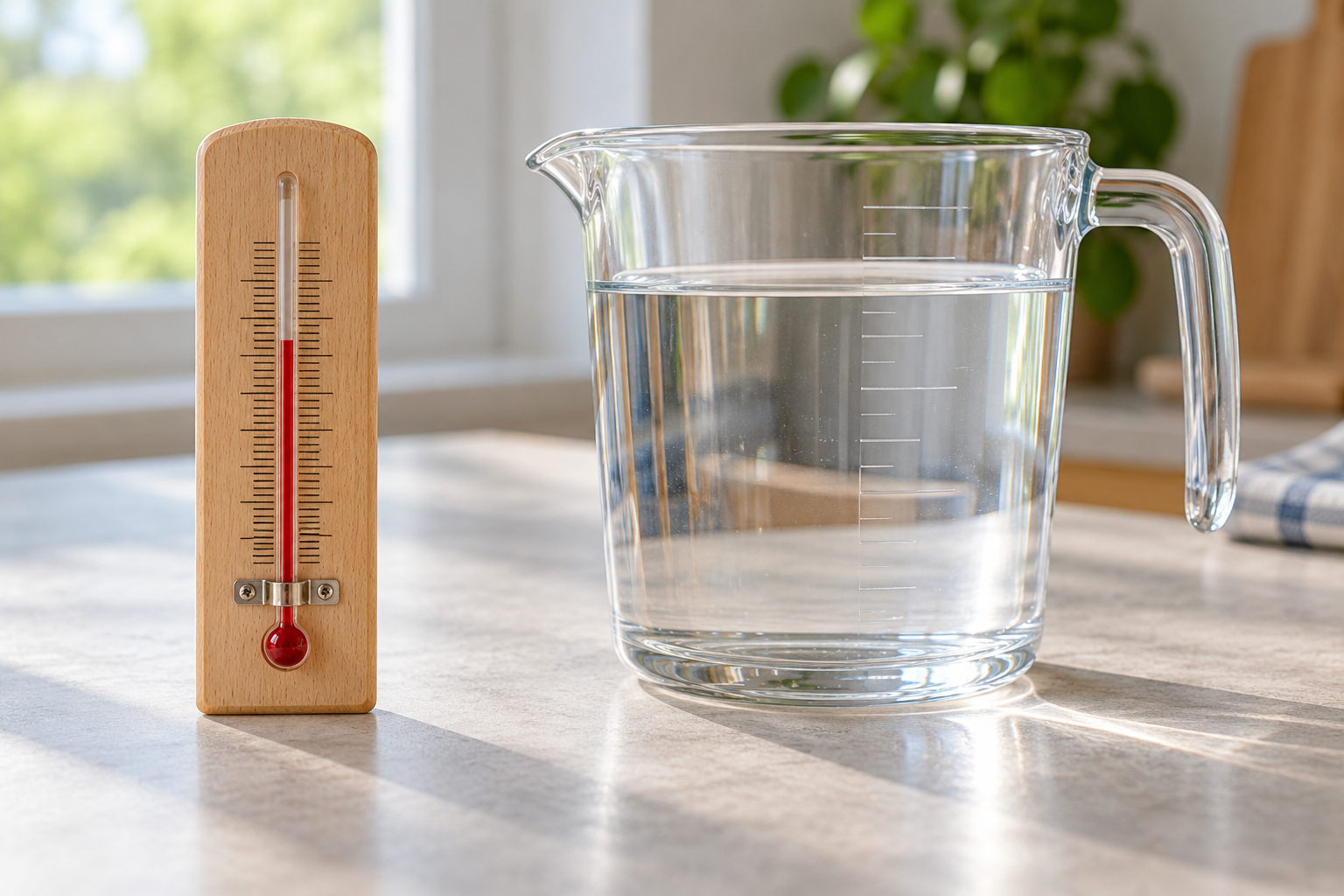AI-generated measuring jug and thermometer. OpenAI image generation, 2026-10-28. Prompt: Photorealistic editorial science photo of a simple analog thermometer beside a clear measuring jug filled with water on a light tabletop, natural daylight, no visible numbers or readable markings, clean educational illustration about heating water, no people, no text, no logos, no watermark, no collage. Illustrative only.