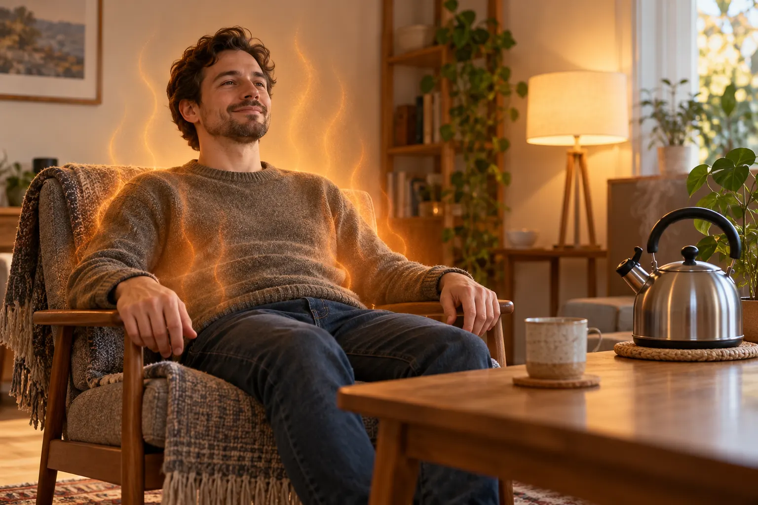 AI-generated resting person and separate kettle as an energy metaphor. OpenAI image generation, 2026-10-28. Prompt: Photorealistic editorial science illustration, a calm seated adult in a softly lit room with gentle radiant heat shimmering above clothing, a closed kettle on a table nearby but not connected to the person, visual metaphor of human resting heat output, natural colors, no text, no thermometer, no labels, logos, watermark, or collage; no suggestion that heat is directly boiling water. Illustration does not show energy transfer to the kettle.