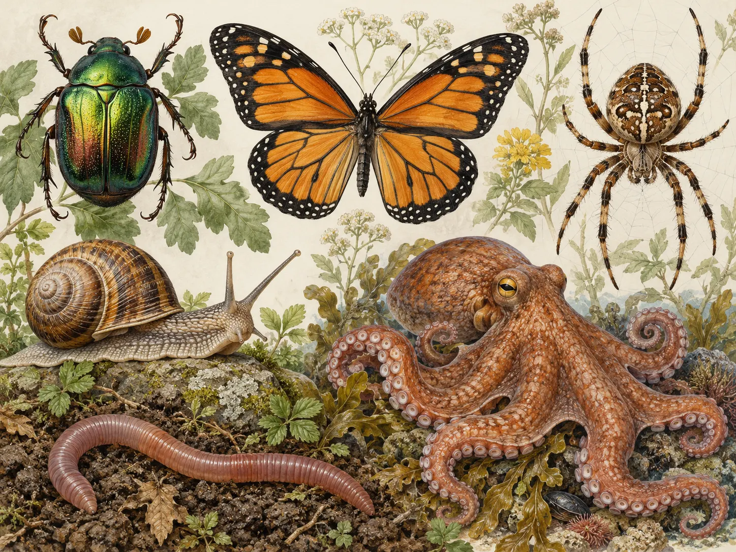original AI-generated editorial plate showing representative invertebrate groups. Generated for this package on 2026-10-13. No external author, URL, or third-party license applies; the project may reuse it. It is illustrative, not a species-count dataset. Both language versions disclose AI creation.