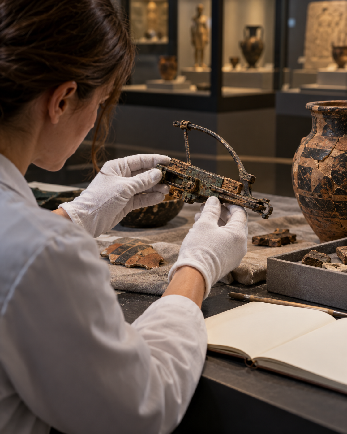 AI-generated with OpenAI image generation. Prompt: “Distinct photorealistic editorial archaeology scene: a museum researcher in gloves studies a small ancient crossbow mechanism fragment beside pottery and a notebook with blank pages, softly lit display case behind; no readable text, no weapons in use, no people faces, no logos. Quiet ancient-history documentation, portrait 4:5.”