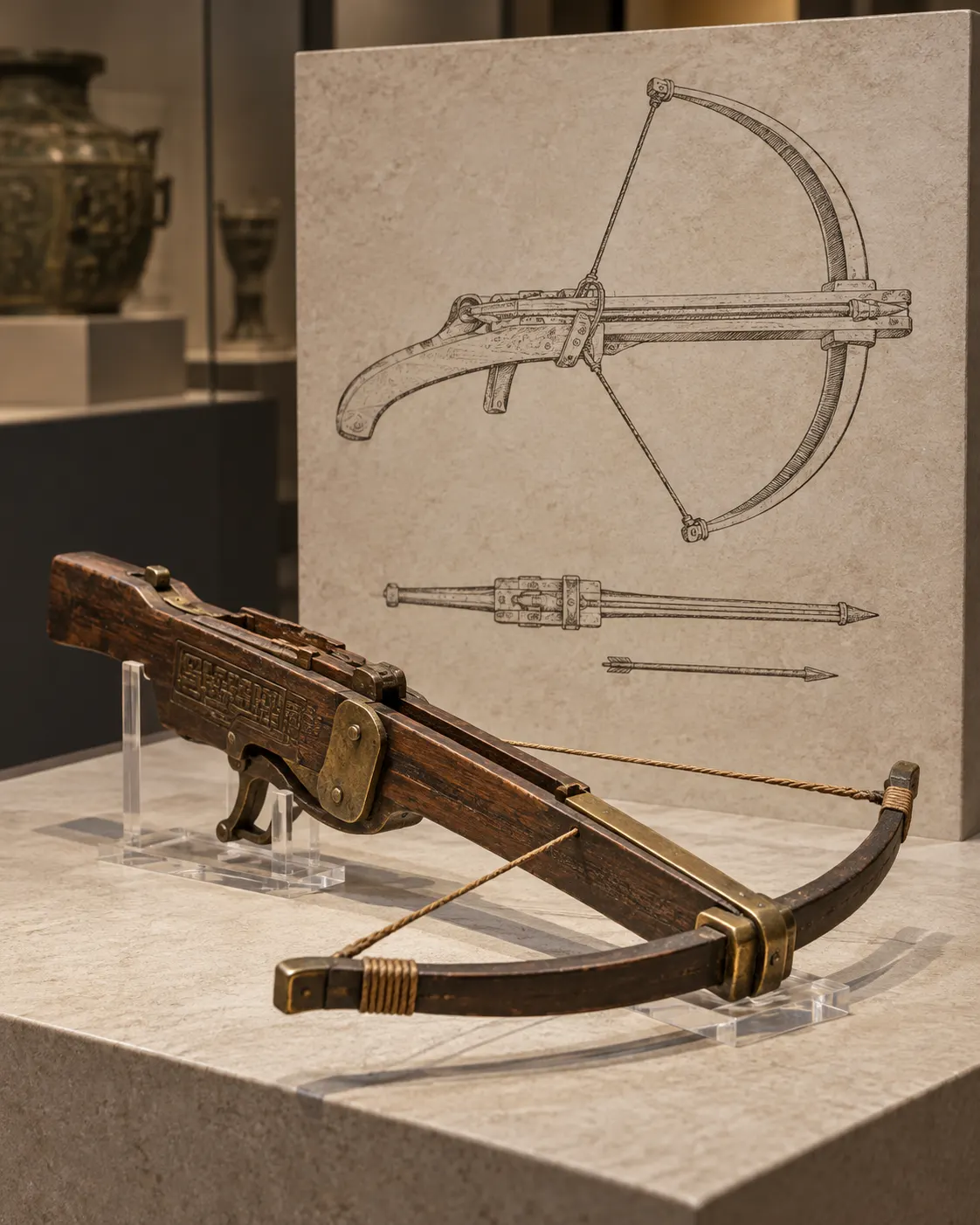 AI-generated with OpenAI image generation. Prompt: “Photorealistic editorial cover for a history article about ancient crossbows. A small ancient Chinese crossbow reconstructed as a museum artifact beside an ancient Greek gastraphetes diagram etched on a blank display panel, no readable text, no firing, no people, no logos. Neutral museum lighting, archaeology documentation, portrait 4:5.”