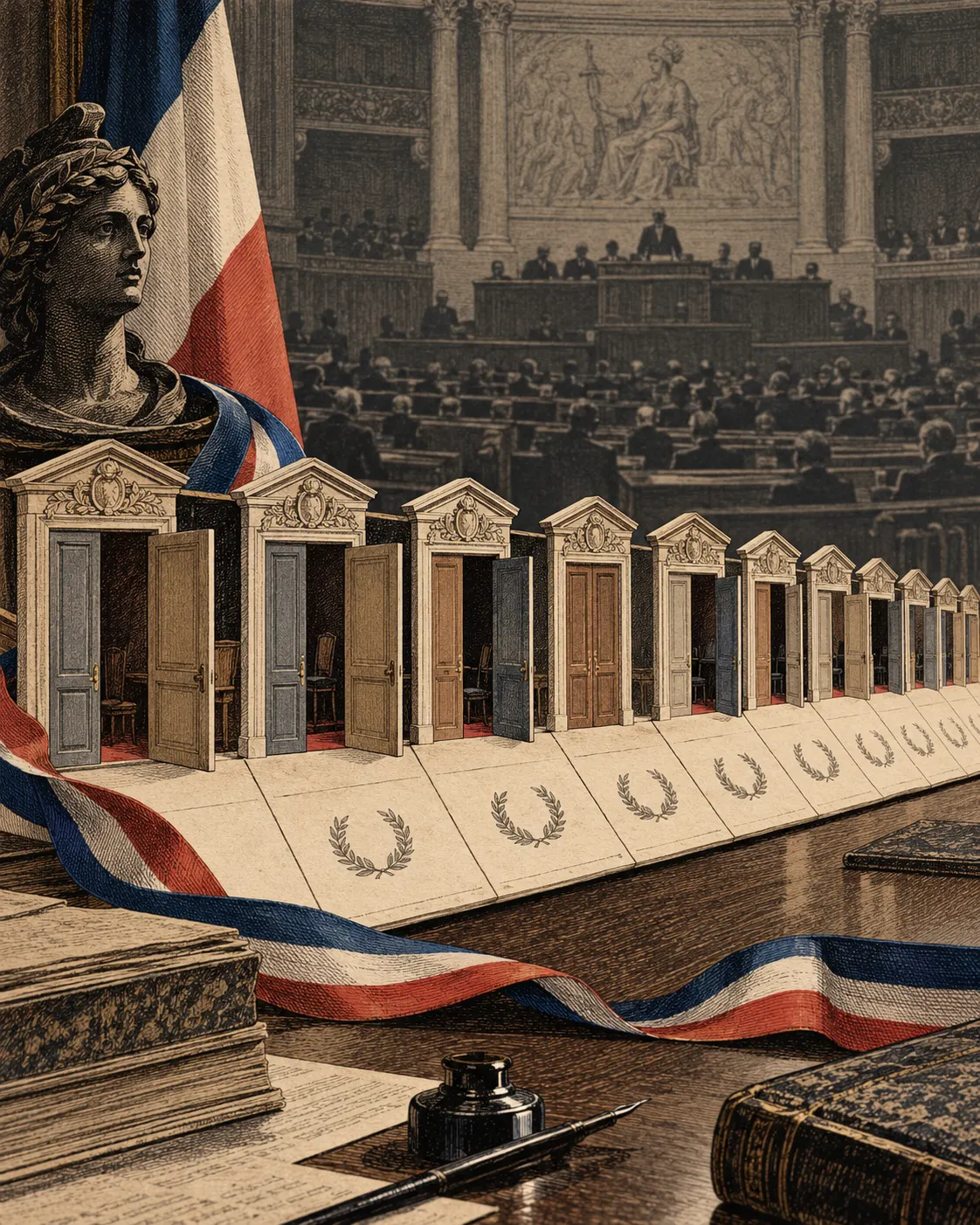 original AI-generated symbolic editorial illustration of changing office doors, a French tricolor, and a parliamentary chamber. It is not a historical photograph or record of actual cabinets. Created for this package; no external creator or reuse license applies. Prompt: “Original editorial illustration for a history fact-check about frequent French cabinets in the interwar years. A quiet archival still life: a row of miniature paper government office doors or nameplates changing across a calendar from 1919 to 1939, with a subtle tricolor ribbon, old parliamentary chamber silhouette in background. No legible names or numbers, no caricature, no specific historical politician, no documentary claim. Refined 1920s newspaper engraving with muted colors, portrait 4:5.”