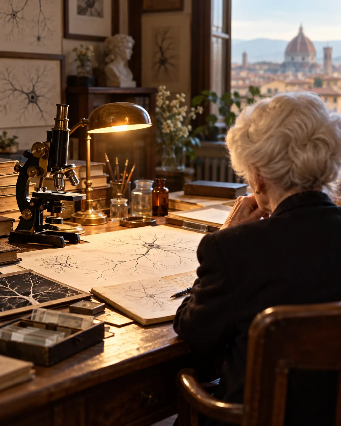AI-generated cover image (created 2026-10-19), showing an elderly scientist from behind in a generic Italian research study. Illustrative only; not a portrait or reconstruction of Levi-Montalcini’s actual lab. Exact prompt: “Photorealistic editorial cover about Rita Levi-Montalcini, Nobel-winning neurobiologist who lived to 103: a vintage microscope, neuron sketches, and a warm lamp on an Italian research desk, with a graceful elderly scientist seen only from behind in soft focus, vertical 4:5. Generic evocative scene, not a portrait or claim about her actual lab, no readable text or logos.”
