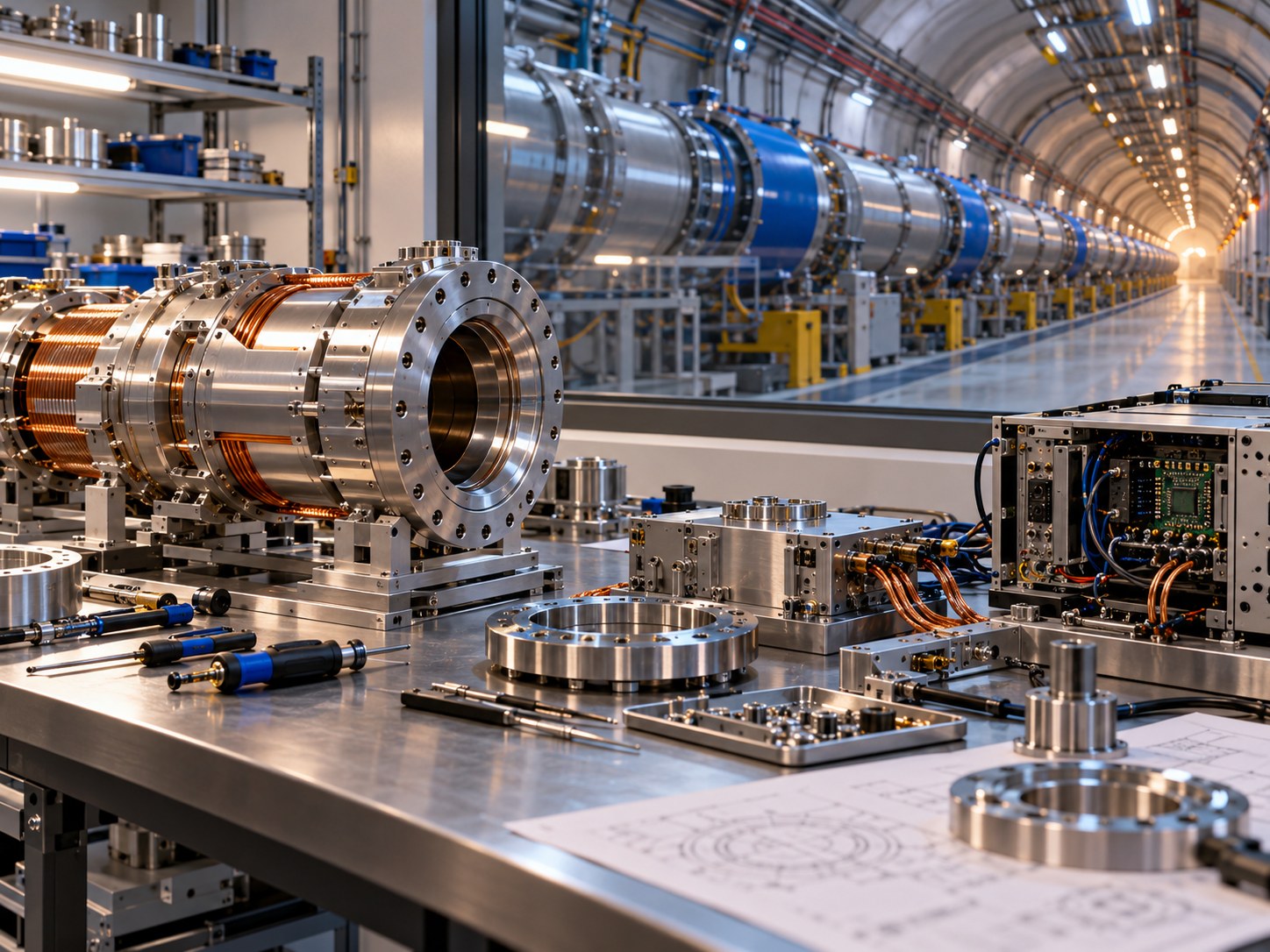 Precision components in an engineering workshop with an accelerator tunnel in the background. Generated with OpenAI image generation; prompt: illustrative research-infrastructure engineering workshop, no text or logos, not a specific facility.