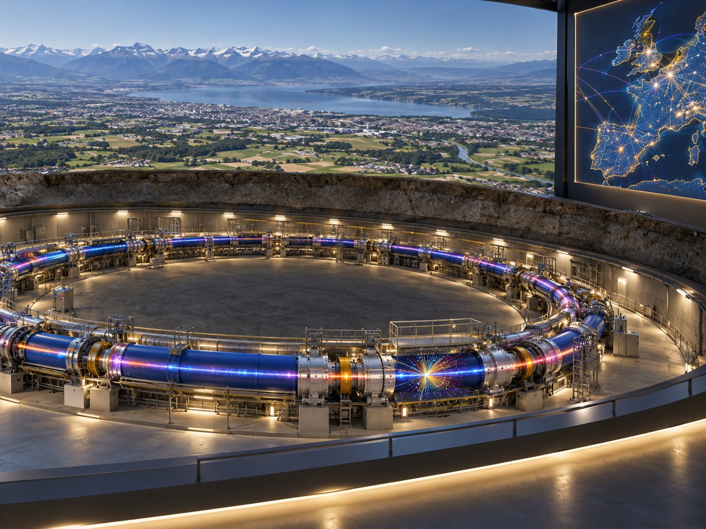 Cutaway-style circular particle accelerator beneath a European landscape, with an abstract map display. Generated with OpenAI image generation; prompt: photorealistic science-publication illustration of a circular accelerator, particle beam, European map motif, no text or logos; not documentary.