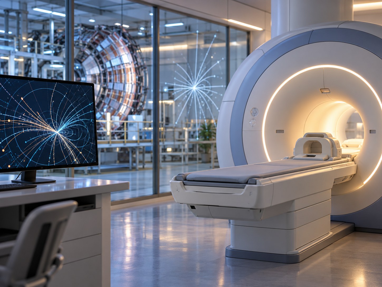MRI scanner beside an abstract particle-tracking display in a research setting. Generated with OpenAI image generation; prompt: educational illustration about links between particle physics and medical imaging, explicitly not claiming that the depicted MRI derives from CERN; no text or logos.