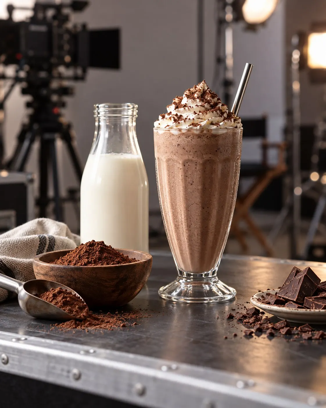 AI-generated generic milkshake ingredients and studio context; not the setup or sample from Bashaw’s attempt. Prompt: “Photorealistic vertical 4:5 editorial still life of milk, cocoa powder and a finished chocolate milkshake arranged on a television production table, blurred studio camera and lights in background, clean neutral atmosphere, no people. Generic props, not the setup or sample from Gary Bashaw Jr.'s 1999 attempt. No text, logos, brands or numbers.” Generated 20 October 2026.