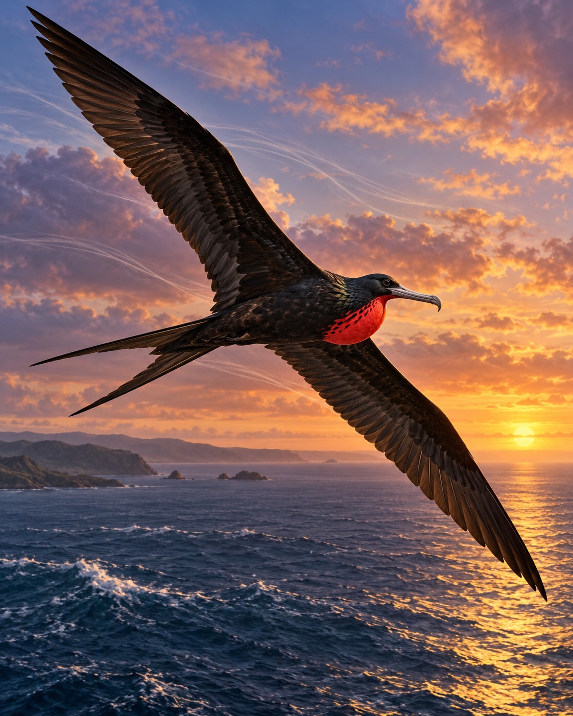 AI-generated conceptual natural-history image of a frigatebird gliding over the ocean at dusk. It does not depict an observed subject or prove sleep state. Prompt: “Vertical 4:5 natural history illustration of a great frigatebird soaring above the Pacific ocean at dusk, long narrow wings outstretched, forked tail and distinctive hooked bill, wind currents suggested subtly. Educational museum illustration with realistic bird anatomy, atmospheric sky and ocean. Do not depict it asleep, with closed eyes, or with brain imagery; it is a conceptual scene only. No text, labels, numbers, map, tag, or tracking device. Not documentary evidence.” Generated 2026-10-29; no external source or documentary role.