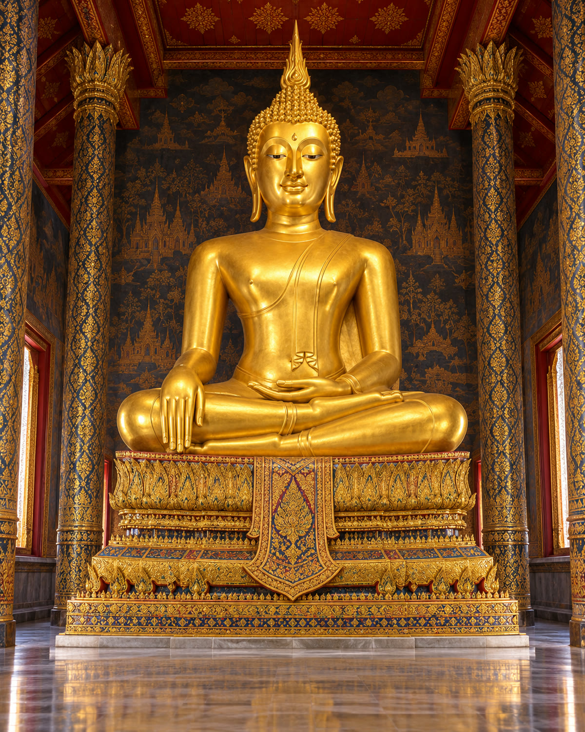 AI-generated conceptual golden Buddha illustration; not an exact reconstruction.