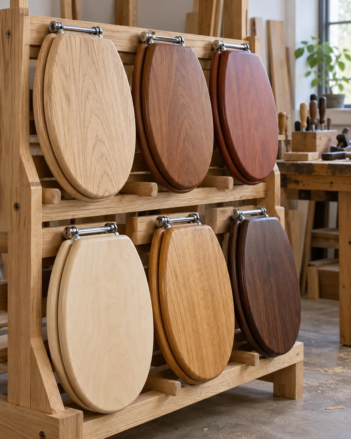 AI-generated display of intact wooden toilet seats in a fictional workshop; not objects from Shelley’s attempt. Prompt: “Photorealistic vertical 4:5 editorial still life of several intact wooden toilet seats in different natural finishes arranged upright on a workshop display rack, clean carpentry studio, visible wood grain and hinges, no people. Generic product context, not objects from Kevin Shelley's record attempt. No text, brand marks, logos or signage.” Generated 20 October 2026.