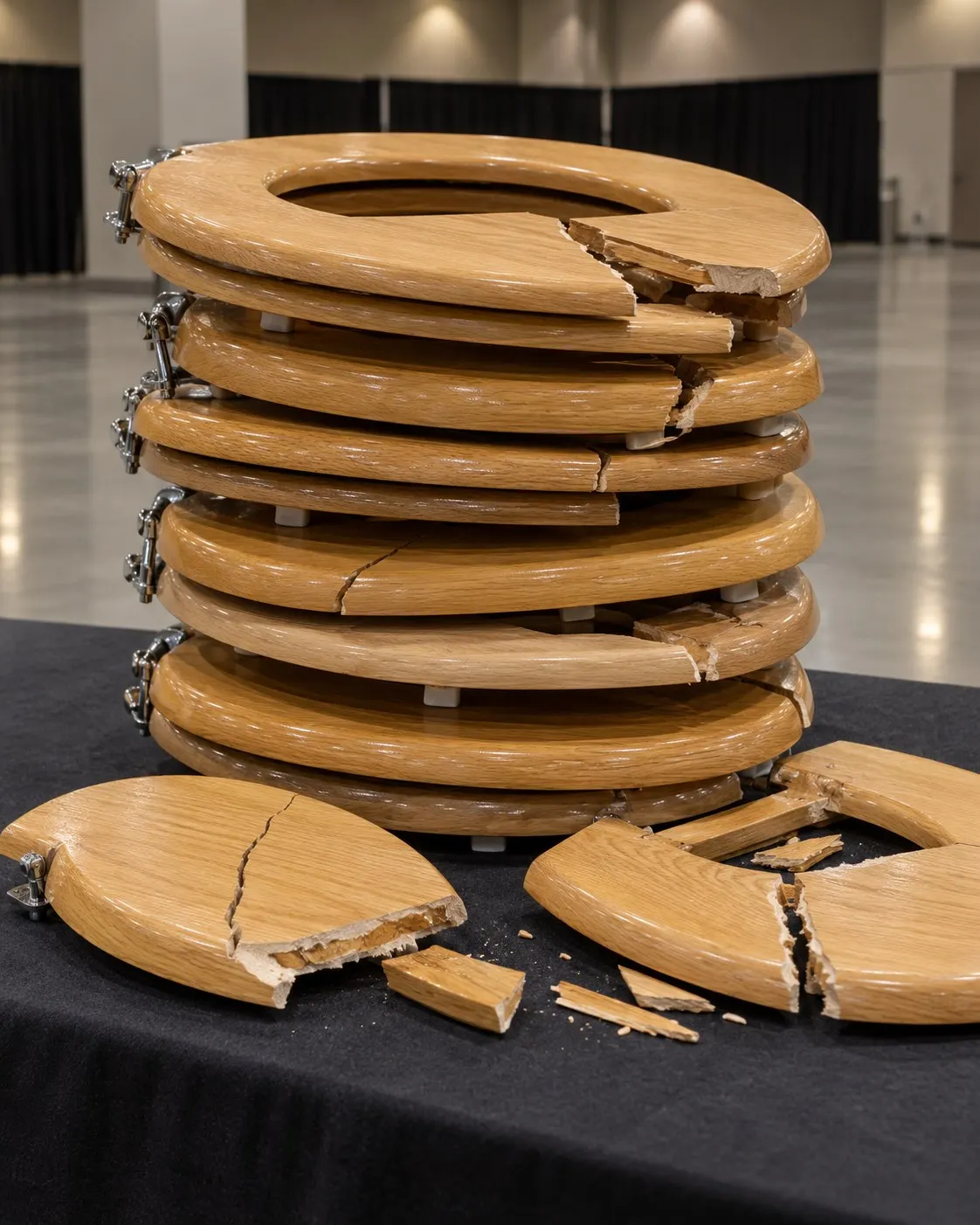 AI-generated cover showing broken wooden toilet seats as inert display props; illustrative aftermath, not Kevin Shelley’s actual attempt. Prompt: “Photorealistic vertical 4:5 editorial cover of a stack of ordinary wooden toilet seats displayed on a neutral stage table, several seats visibly cracked and split as inert props, documentary event-hall lighting, no people. Illustrative aftermath only, not Kevin Shelley's actual record attempt. No injury, no action, no text, logos or signs.” Generated 20 October 2026.
