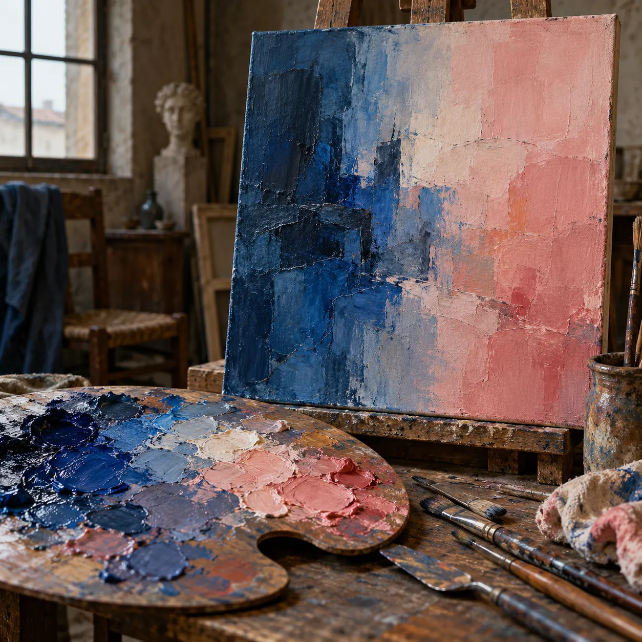 original AI-generated symbolic illustration of a palette and abstract blue/rose canvas. It does not reproduce a Picasso painting.