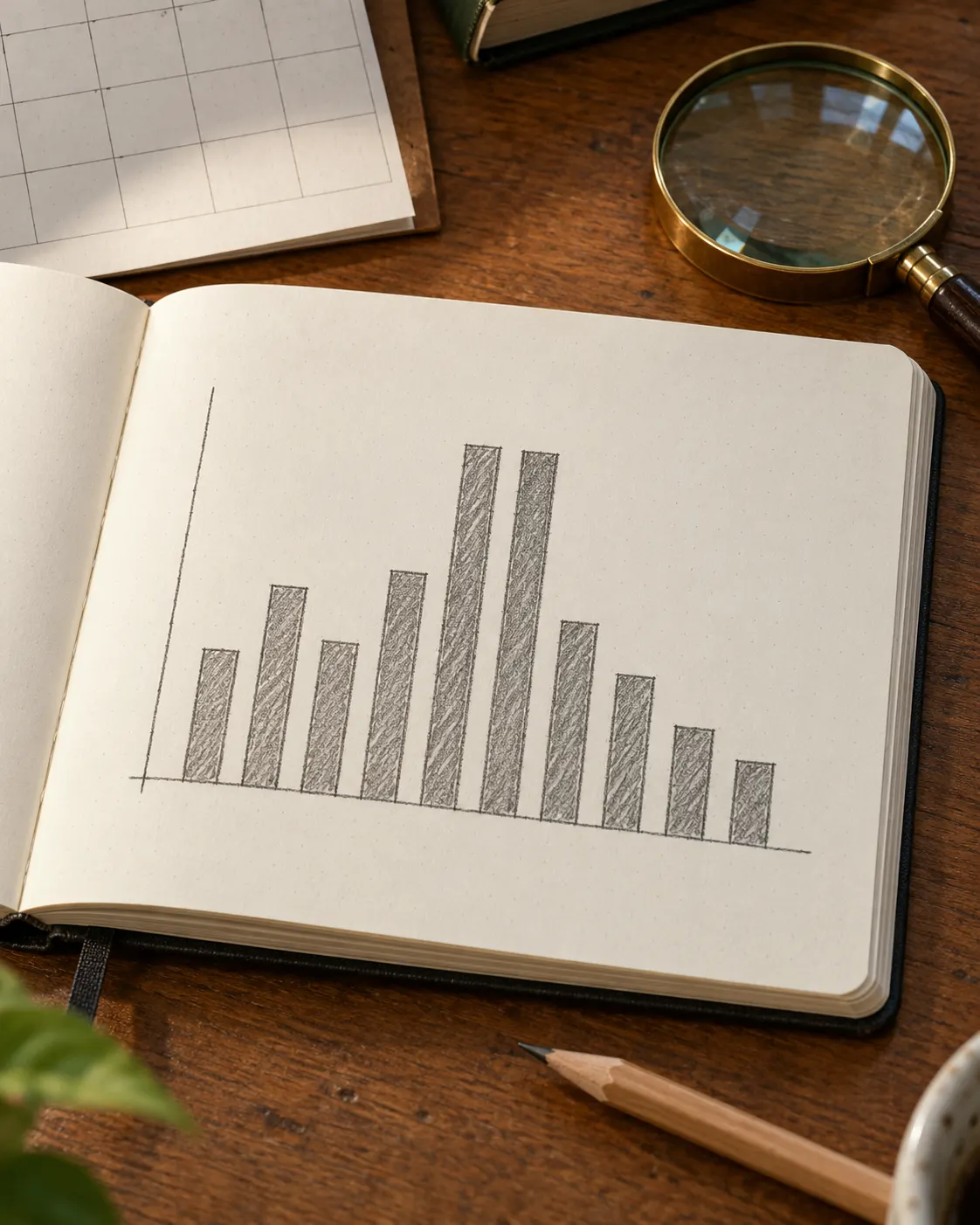 AI-generated generic bar-chart illustration with an approximate top pair of bars, symbolizing frequency analysis. It is fictional and does not encode the database values in the fact. Prompt: “Photorealistic vertical 4:5 close editorial image of a simple hand-drawn frequency chart in an open research notebook, with two bars tied as the tallest among several shorter bars, no labels or values anywhere. Pencil, calendar corner and magnifying glass on desk. Illustrates comparing birthday frequencies; fictional data visualization, not actual Nobel database output. No readable text or numbers.” Generated 19 October 2026.