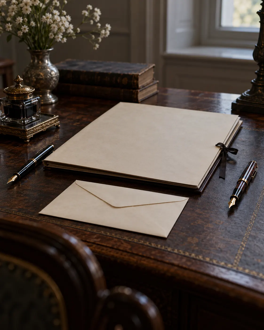 AI-generated fictional desk still life illustrating a written promise during divorce negotiations; not the actual Einstein–Marić agreement or letter. Prompt: “Photorealistic vertical 4:5 editorial still life suggesting a written promise made during divorce negotiations: two separate fountain pens beside a closed blank agreement folder and an unsigned envelope on an early-20th-century desk, muted natural light. Generic symbolic scene only, no actual Einstein or Marić letter, no readable writing, names, signatures, currency, logos or portraits.” Generated 19 October 2026.