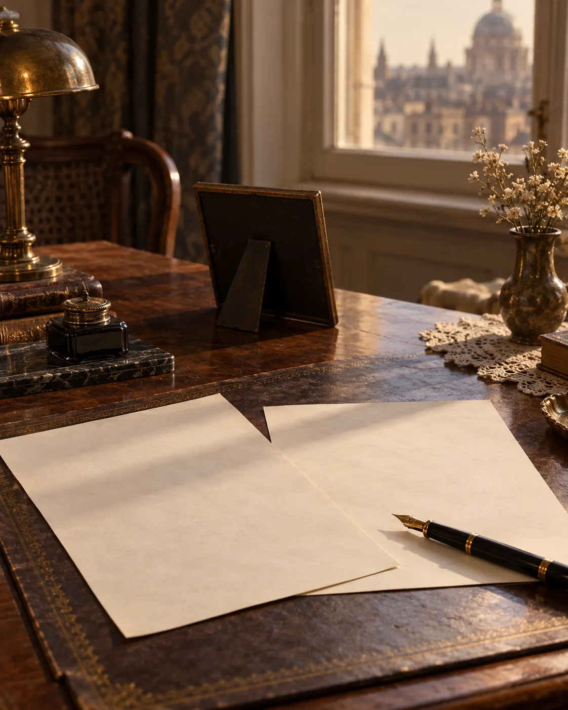 AI-generated cover: a fictional early-20th-century desk with blank legal pages and a turned-away family photograph frame, symbolizing Einstein’s promise to Mileva Marić. It does not show the real couple or reproduce their agreement. Prompt: “Photorealistic vertical 4:5 editorial cover about Albert Einstein's agreement to give the cash from a future Nobel Prize to Mileva Marić during divorce negotiations. Show two blank legal document pages on a quiet early-20th-century desk, a fountain pen and modest family photograph frame turned away, warm historical light. Symbolic fictional scene, no depiction of Einstein or Marić, no actual letter or contract, no readable text, no currency, no logos.” Generated 19 October 2026.