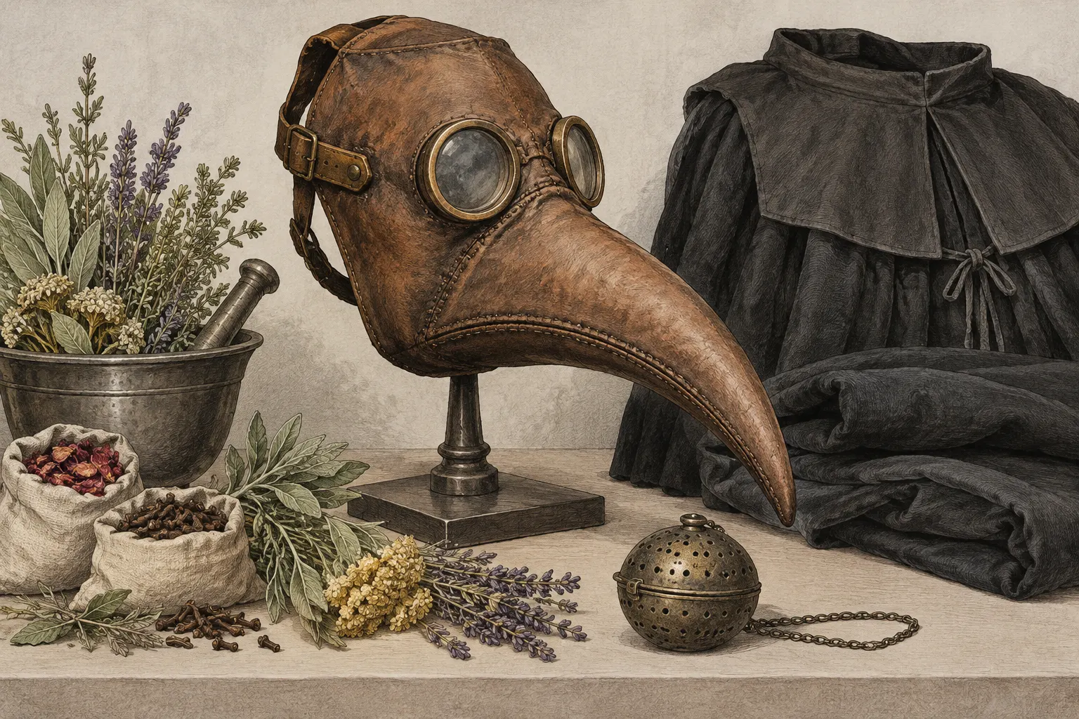 AI-generated synthetic bonus illustration of museum-display objects, not an authenticated historical artifact. Prompt: “Respectful educational historical illustration about early modern plague medicine: a 17th-century physician's beaked mask and small glass lenses shown as museum objects beside aromatic herbs and a folded robe, on a neutral archival display, no person wearing it, no medieval fantasy imagery, no readable text, muted engraved watercolor.”