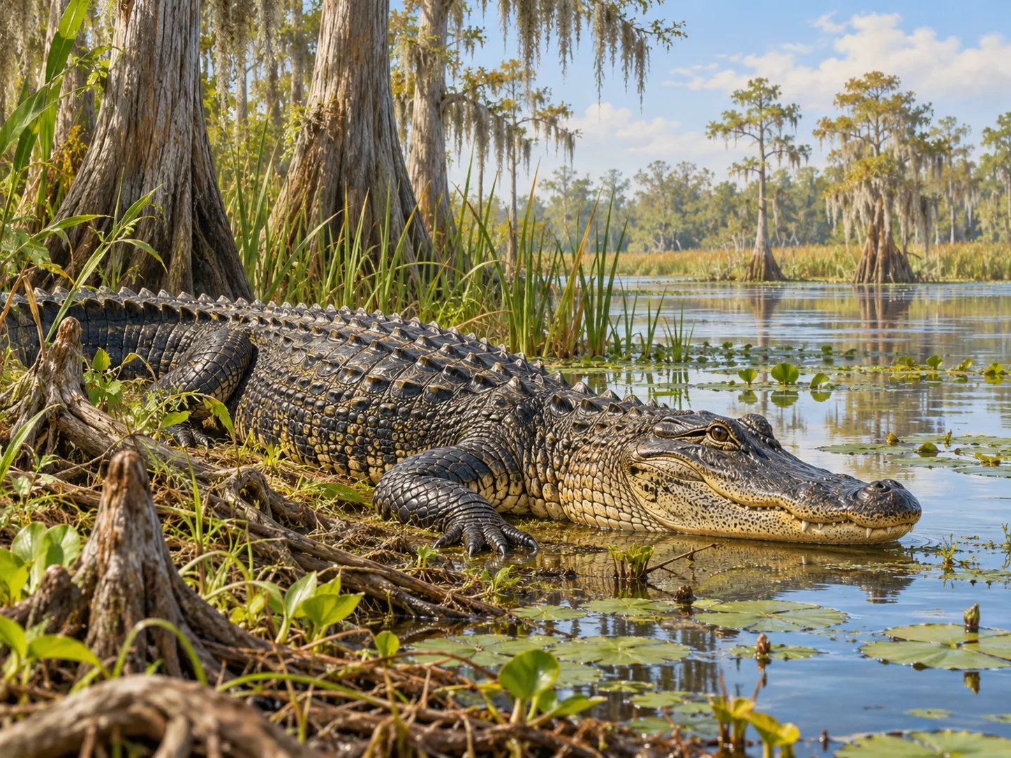 original AI-generated editorial illustration of an American alligator in a Florida wetland. Generated for this package on 2026-10-13. No external creator, URL, or third-party license applies; the project may reuse it. It is not the record animal or documentary evidence. Both language versions disclose the AI origin.