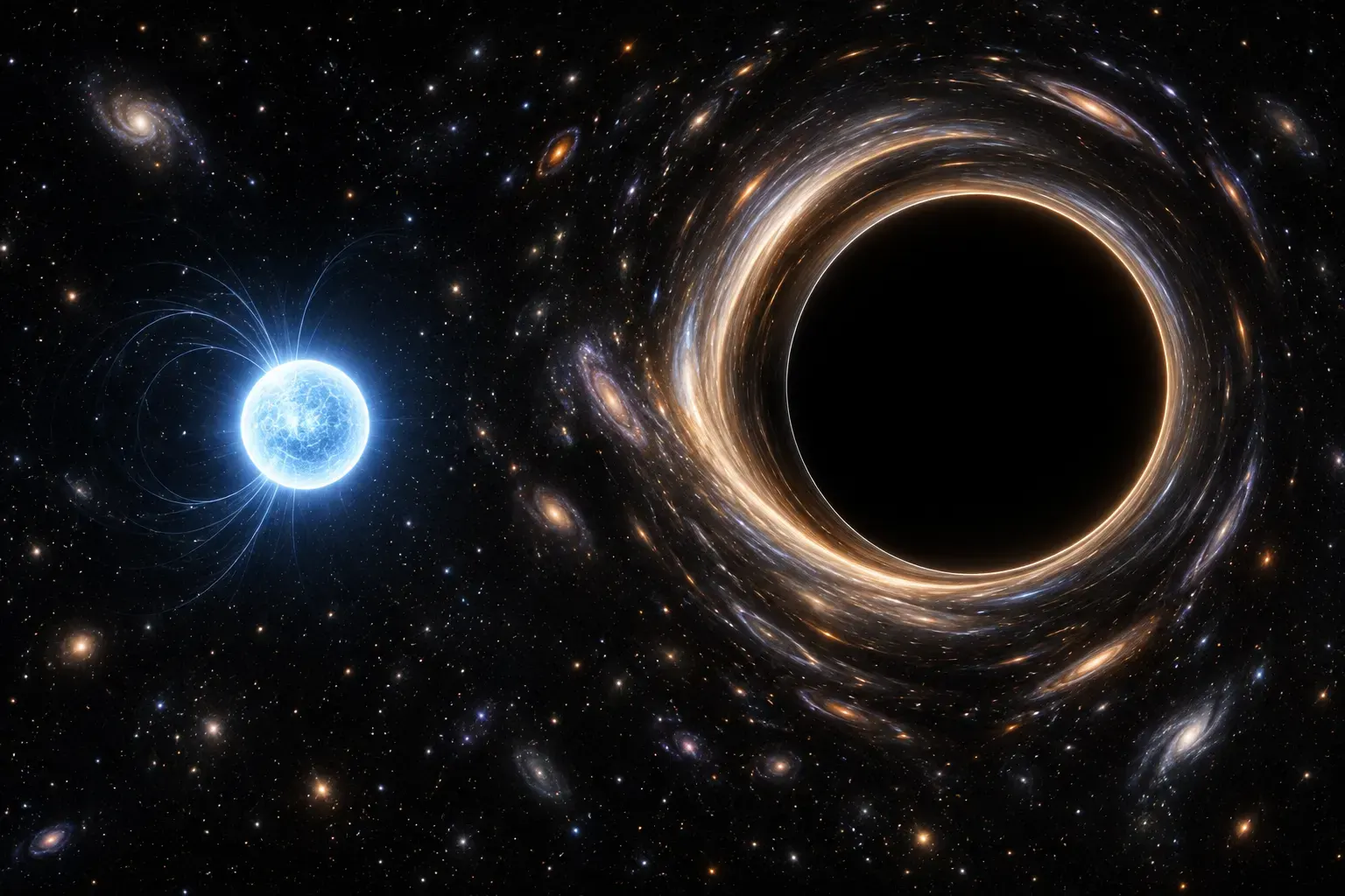 Conceptual AI illustration of a neutron star and gravitational lensing near a black hole; not a depiction of the black-hole interior or a scale model.