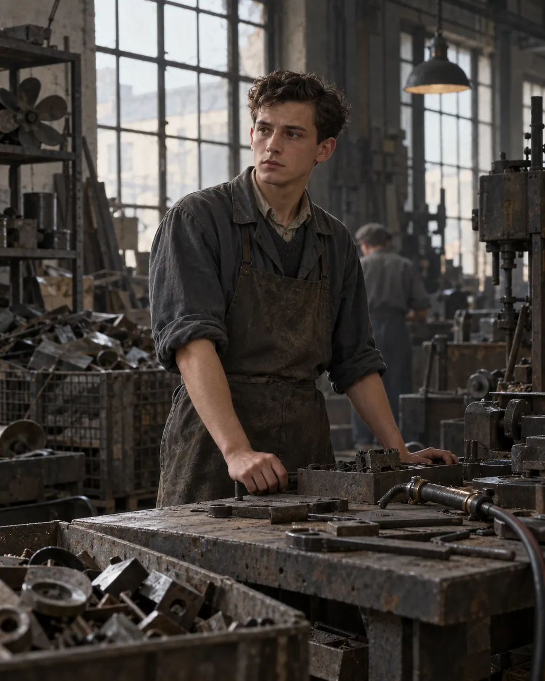 Титульна AI-згенерована ілюстрація / AI-generated cover illustration. An anonymous young worker in a wartime recycling workshop evokes Lem’s mechanic and welding work; he is not Lem.